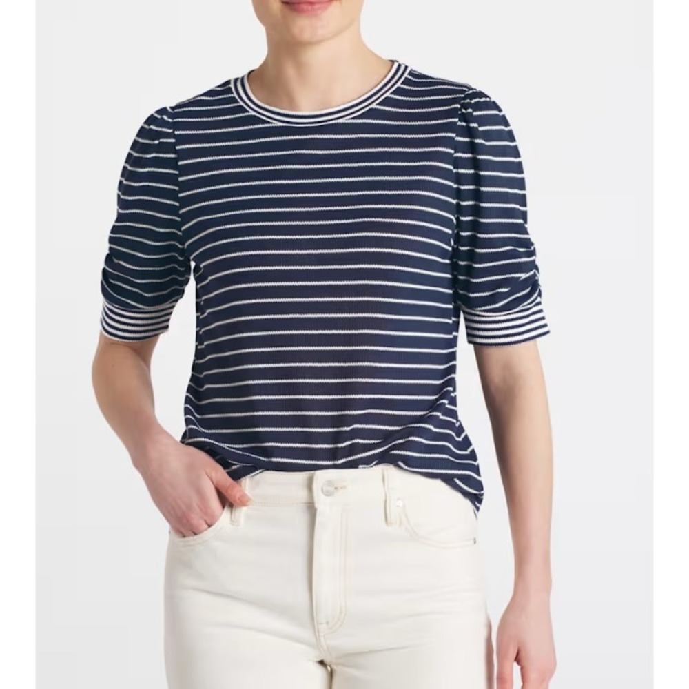 Nine Britton Cyra Ruched Sleeve Detail Knit Top‎ Navy Large Stitch Fix NWT